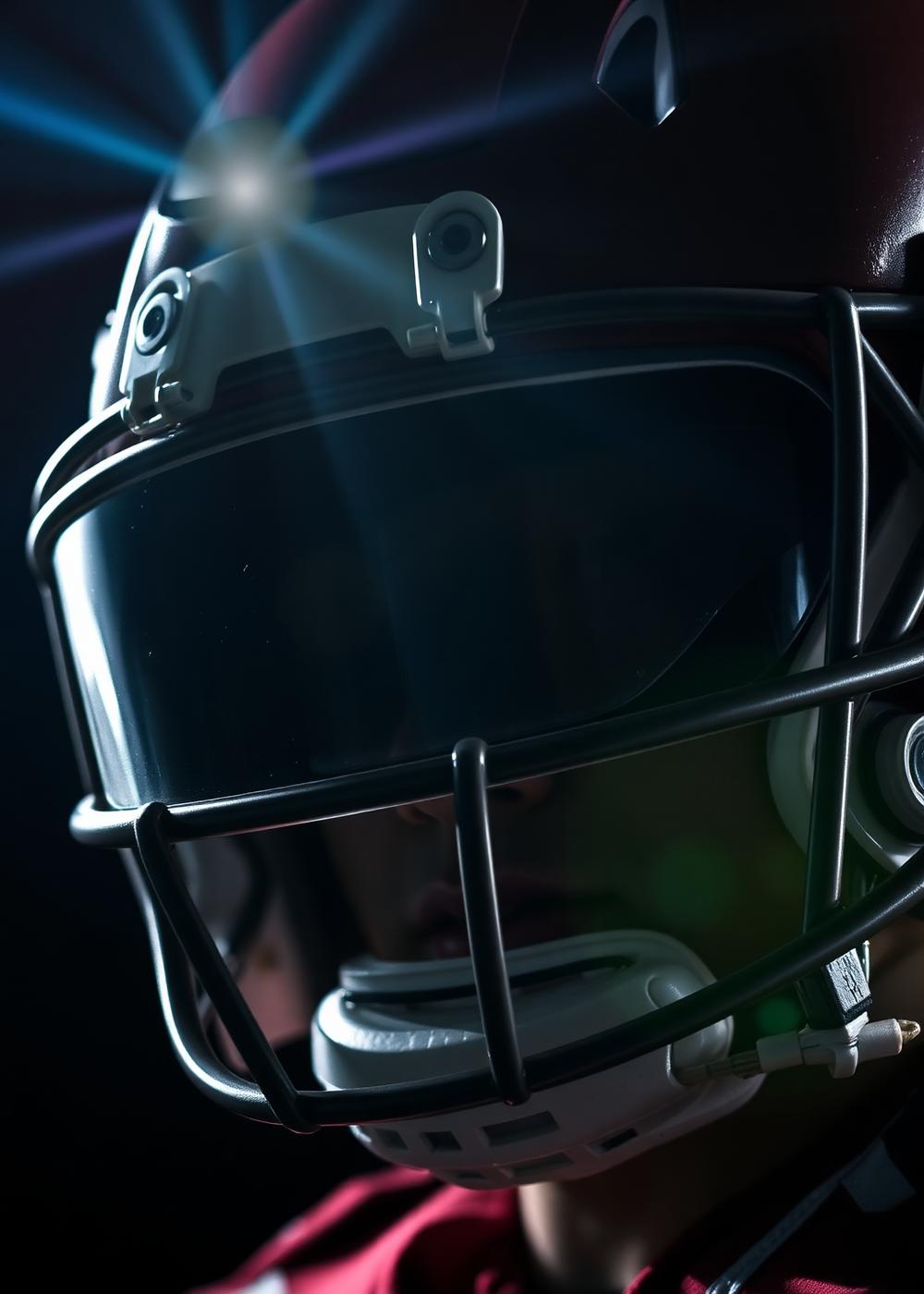 Helmet visor reflecting stadium floodlights