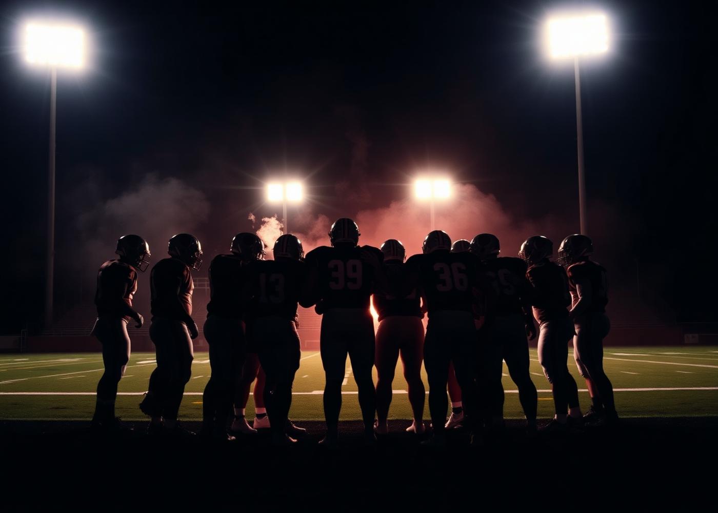 Team huddle silhouetted against stadium lights