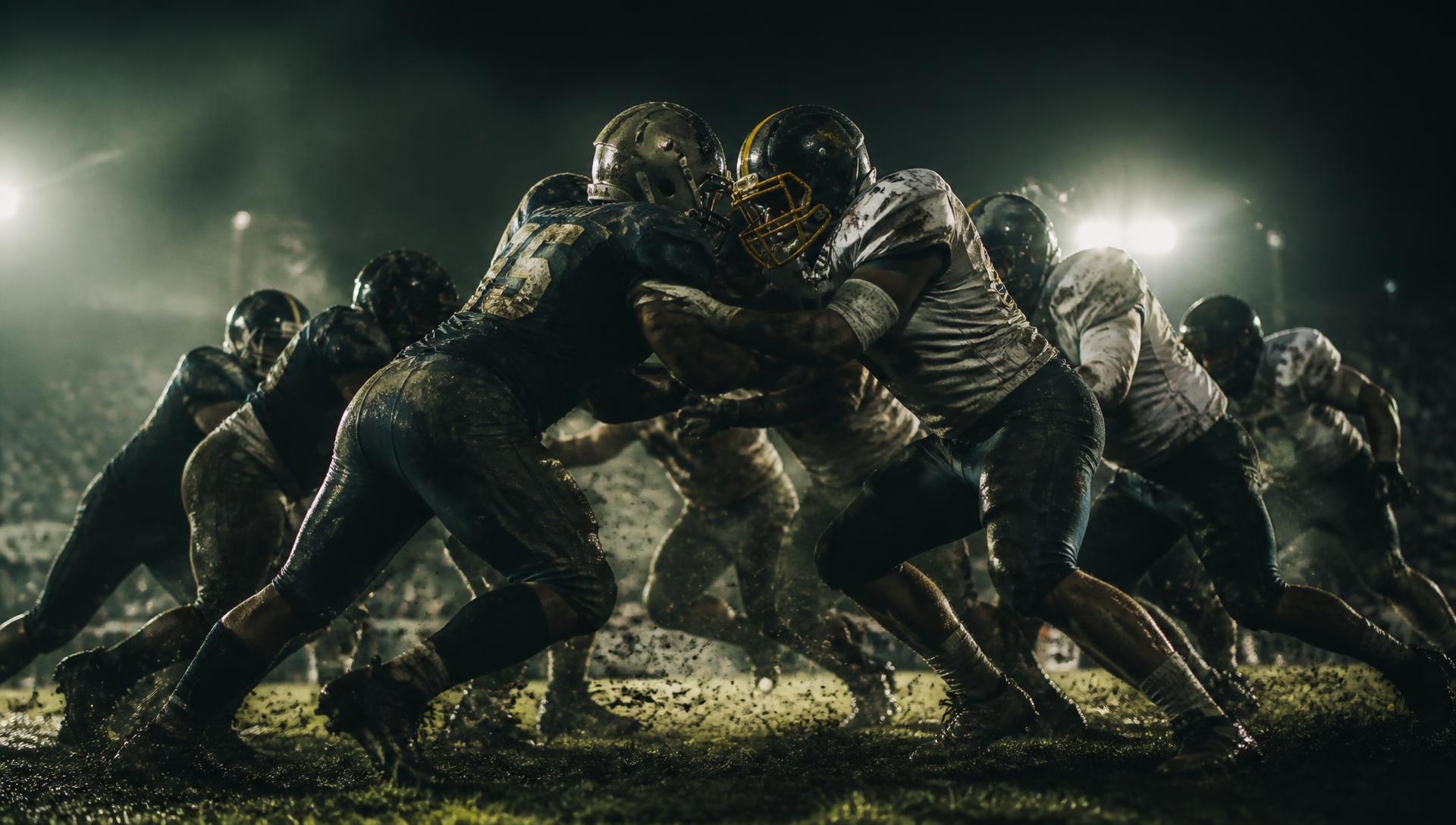 High school football players colliding at the line of scrimmage under stadium lights
